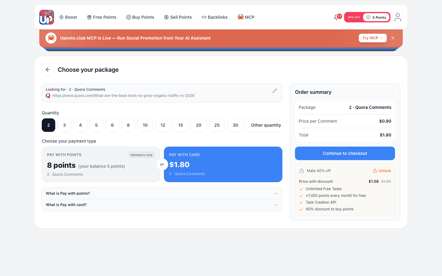 Step 5: Review Quora comments order and pay with card