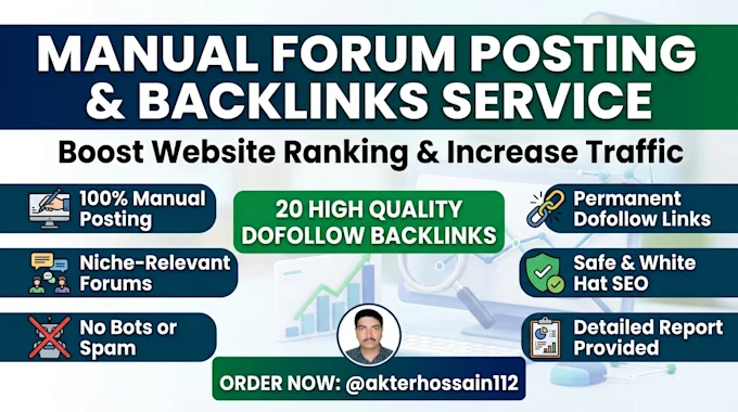20 high quality manual forum posting backlinks service, dofollow linkbuilder